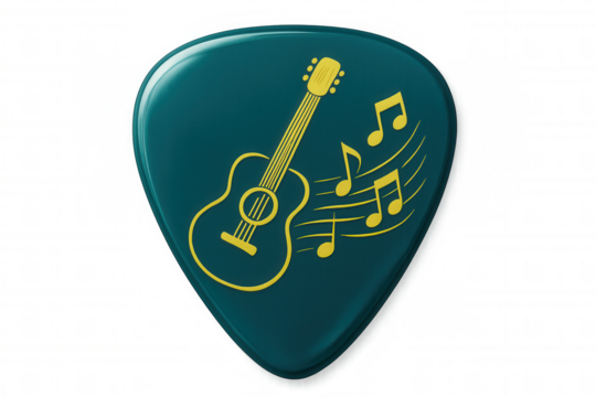 Teal guitar pick resting near musical notes, highlighting melodic design against transparent backdrop - Powered by Adobe
