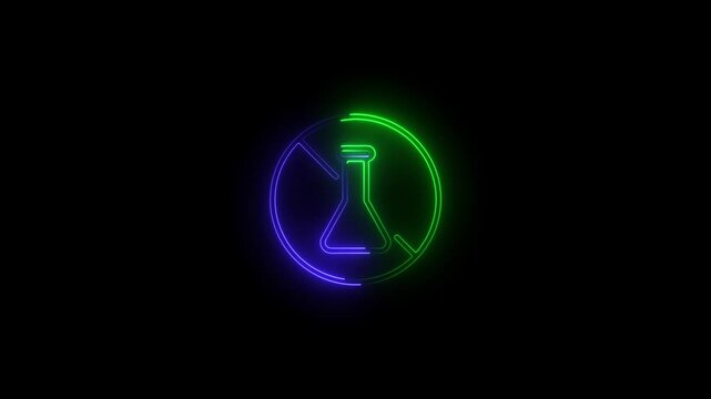 Green and purple neon prohibition sign with laboratory flask on black background forbidden stop