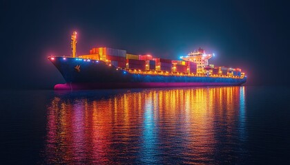 Obraz premium Night shot of a cargo ship loaded with containers at sea. Itâ€™s perfect for illustrating global trade and logistics.