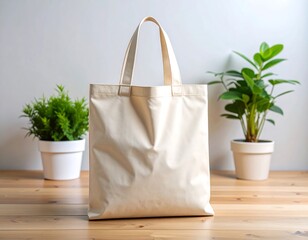 Beige tote bag on a wooden surface with plants
