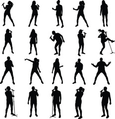 Singer silhouettes, male and female performers, music concert illustration, pop star poses, microphone stand art, stage performance vector, live show dancers, musician graphics
