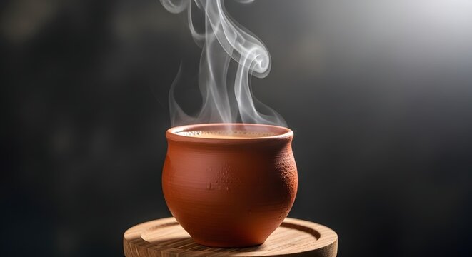 Steaming Hot Masala Chai in a Kullad Clay Cup on a Dark, Moody Background with Dramatic Lighting