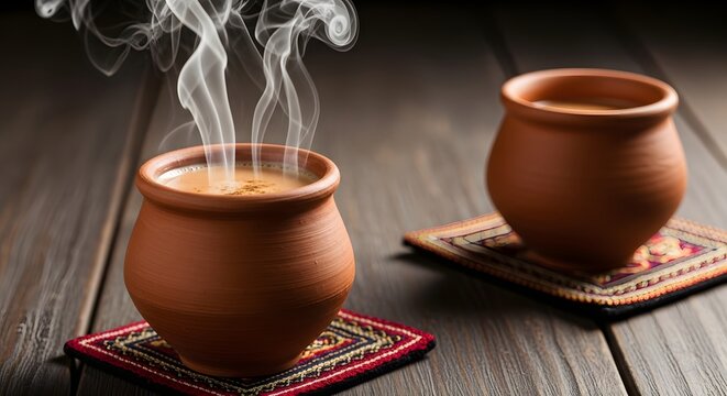 Two Steaming Kullad Clay Cups of Masala Chai on Traditional Coasters on a Rustic Wooden Table