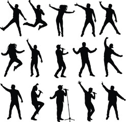 Singer and dancer silhouettes, music performance vector, concert stage illustration, energetic poses, microphone stand graphic, male and female artist shadow art