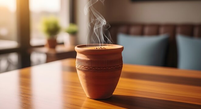 Steaming Masala Chai in a Kullad Clay Cup on a Wooden Table in a Cozy Cafe Setting