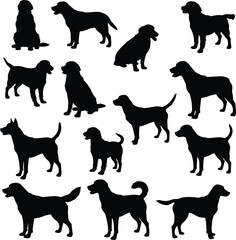 dog silhouette vector, pet animal outline, black dog clipart, canine breed pose, domestic dog shape, sitting and standing dog illustration