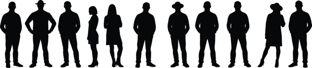 Obraz premium group of people silhouettes, standing poses, men and women vector, human figures clipart, fashion outline design, crowd shadow illustration art, black shape