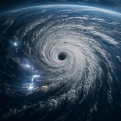 Epic satellite view of massive typhoon eye with intense swirling clouds over Pacific Ocean, cinematic scale