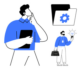 Man thinking with a tablet, professional holding a glowing lightbulb, gear folder. Ideal for creativity, innovation, teamwork, organization, problem-solving, business strategy decision-making