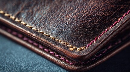 Close-up of a dark brown leather wallet with reddish-pink stitching