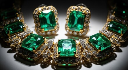 Emerald Jewelry Set Gold Necklace and Earrings with Green Gemstones