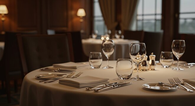 優雅な照明 温かい雰囲気 上品なテーブルセッティング 高級レストラン. AI Generated