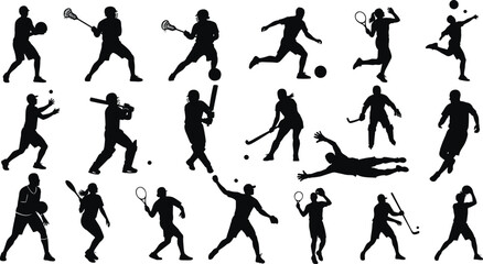 Silhouettes of athletes playing tennis, baseball, basketball, soccer, lacrosse, field hockey, volleyball, dynamic sports action, fitness, training, competition