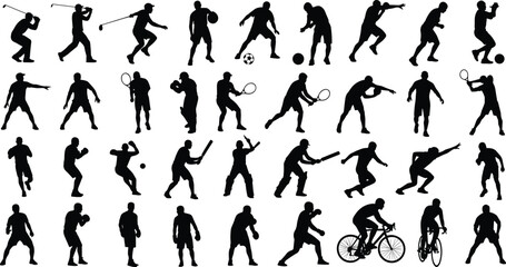 Silhouettes of athletes playing tennis, basketball, boxing, cycling, golf, baseball, soccer, fitness training, active sports lifestyle, dynamic competition