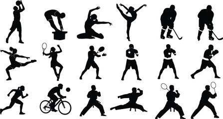Silhouettes of athletes playing tennis, basketball, cycling, boxing, gymnastics, ice hockey, martial arts, fitness training, sports action, competition, performance