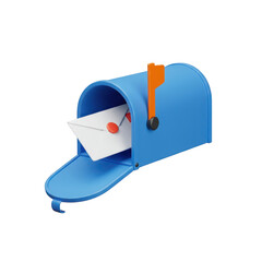 Blue 3d mailbox with letter inside isolated on transparent background
