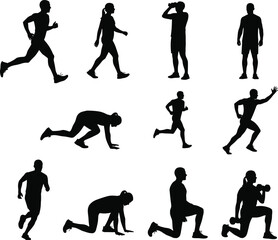 Fitness workout silhouette illustration, men and women exercising, running, gym training, sports activity, healthy lifestyle vector, exercise poses, strength movement