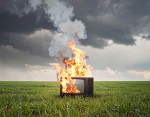 A vintage television burning in the middle of a green field under dark stormy clouds, with flames and smoke rising dramatically