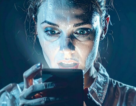 A woman with a sweaty face looking at her smartphone in shock, illuminated by a bright glowing screen - Powered by Adobe