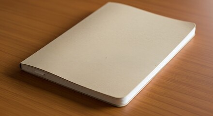 Fototapeta premium Neutral hued notebook resting on simple wooden desktop surface