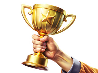 Golden trophy cup held by hand with star award achievement  PNG file download