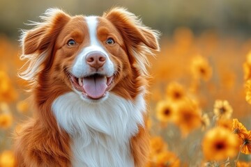 A happy, orange and white Nova Scotia Duck Tolling Retriever dog smiles. Use this joyful image for pet care, friendship, or autumn-themed projects.