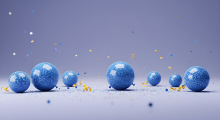 Fototapeta premium Festive blue speckled spheres and golden ribbons scattered with sparkling confetti on a serene pastel background.