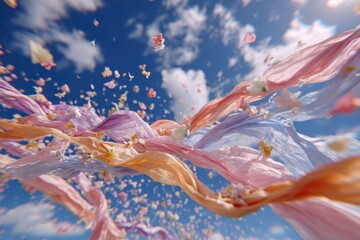 Colorful Flowing Fabrics and Petals Dancing in a Bright Blue Sky with Fluffy Clouds Creating a Dreamlike Atmosphere of Beauty and Serenity in Nature