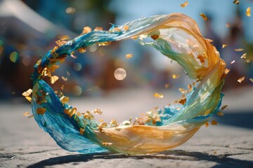 Colorful Flowing Fabric with Glittering Particles Creating Ethereal Motion on a Bright Sunny Day at a Festive Outdoor Celebration Event