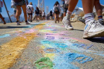 Colorful Footprints on Paved Pathway During Summer Festival Celebrating Art and Community with People Walking and Enjoying the Vibrant Atmosphere in Bright Sunshine