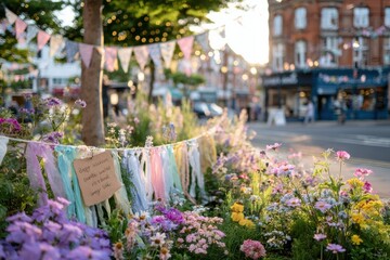 Colorful Garden Setup with Flowers and Bunting in Urban Setting During Golden Hour, Showcasing Vibrant Nature and Festive Ambiance in a City