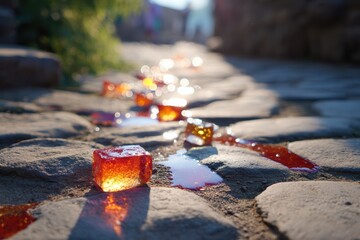 Colorful gelatin cubes rest on a cobblestone path illuminated by sunlight, creating a whimsical and artistic landscape with sparkling reflections and vibrant hues.