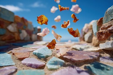 Colorful Gems Floating Above Mosaic Pathway Against Clear Blue Sky in Bright Daylight, Representing Beauty and Natural Elements in a Serene Environment