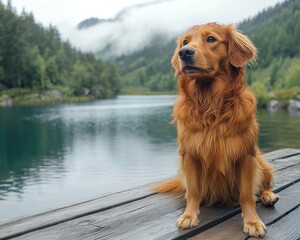 Obraz premium Golden Retriever dog sits on a wooden dock near a beautiful mountain lake. It shows a pet enjoying nature and an active outdoor lifestyle.