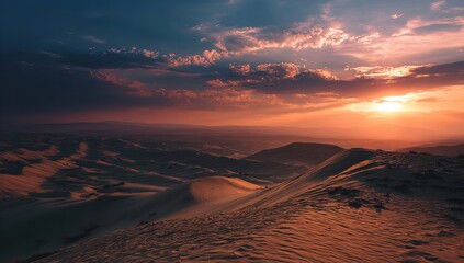 Vast Desert Landscape at Sunset with Rolling Sand Dunes and Warm Orange Sky in a Majestic Scene