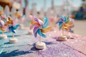 Colorful Glitter Pinwheels Displayed in a Bright Outdoor Setting Perfect for Celebrations, Birthdays, and Festive Events Featuring Vibrant Pastel Colors and Sparkling Details