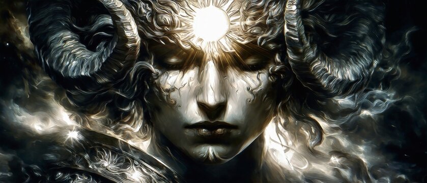 Mystical horned figure with glowing light - Powered by Adobe