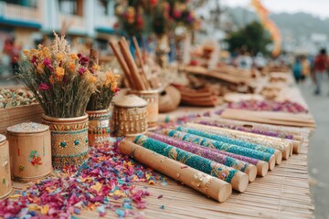 Colorful Handmade Crafts and Decorations Showcasing Vibrant Flowers, Rustic Materials, and Artistic Details at a Local Market Celebration