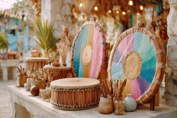 Colorful handmade drums and percussion instruments displayed harmoniously in an artistic setting, showcasing traditional craftsmanship and vibrant colors in a marketplace atmosphere.