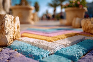 Fototapeta premium Colorful Herringbone Patterned Pathway with Vibrant Painted Stones Surrounded by Lush Greenery and Potted Plants in a Beautiful Outdoor Setting