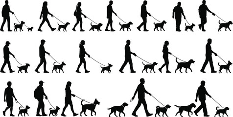 Dog walking silhouettes, people with pets, outdoor activity, walking dogs, lifestyle exercise, animal companionship, owner and pet, friendship, training, family