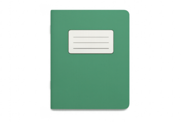 Green notebook on transparent background with blank label for copy space