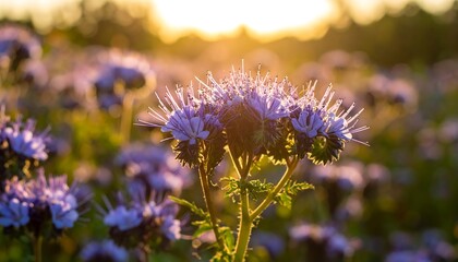 Ephemeral Charm: Delicate Purple Flowers Bathed in the Golden Light of Sunrise