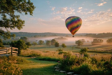 Fototapeta premium Colorful Hot Air Balloon Floating Above Misty Landscape at Sunrise with Green Fields and Vibrant Clouds in the Background