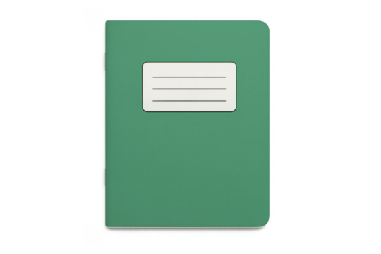 Green notebook on transparent background with blank label for copy space