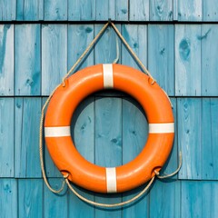 Orange life buoy on blue wooden wall