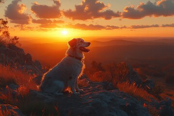A golden retriever sits atop a mountain at sunrise, looking off into the distance. Use this for adventure, companionship, or animal themed content creation.