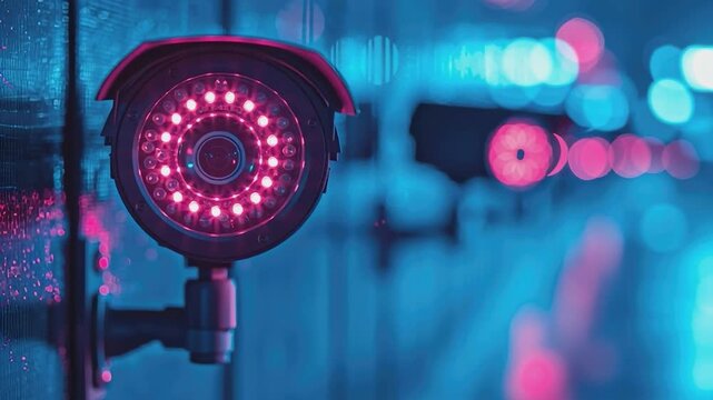 Security Surveillance in Night: A close-up, high-tech surveillance camera, with glowing red lights, diligently watches over a blurred cityscape at night.