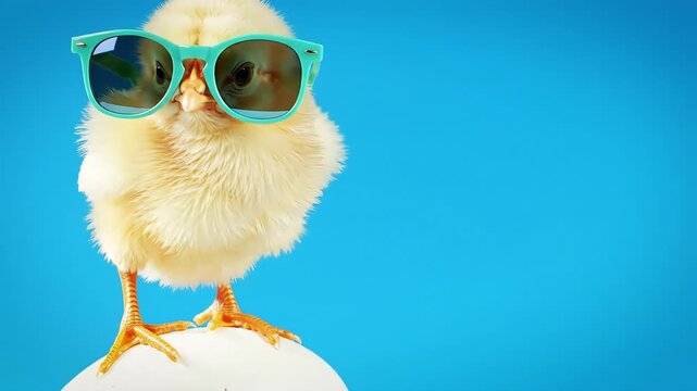 Cute chick wearing sunglasses on bright blue background