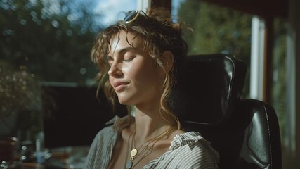 Serene Contemplation: A woman, bathed in soft light, enjoys moment of peaceful reflection, eyes closed, embodying tranquility and inner peace. 